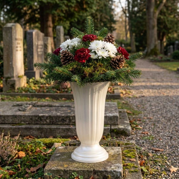 Grabvase mit winterlichem Blumengesteck aus Tannen, Zapfen und Blumen auf einem Friedhof