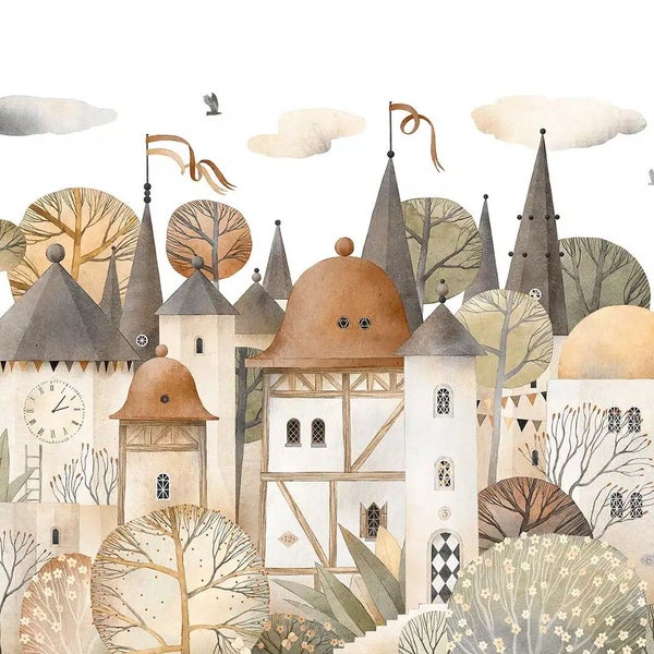 Vliestapete mit Märchenstadt-Illustration, Türme, Fachwerkhäuser und stilisierte Bäume in Aquarell-Optik.