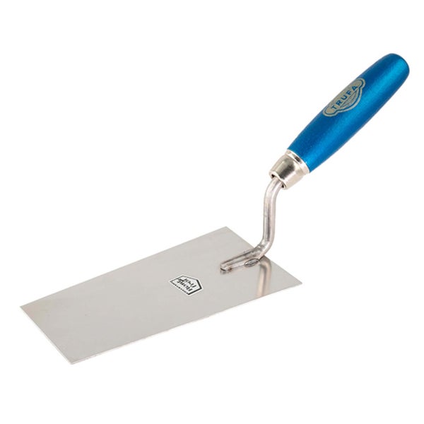TRUFA Gipserkelle aus Edelstahl mit blauem Holzgriff.