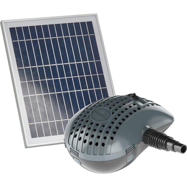 Heissner Solar-Teichpumpen-Set bestehend aus einem Solarmodul mit Rahmen und einer grauen Filterpumpe für den Gartenteich.