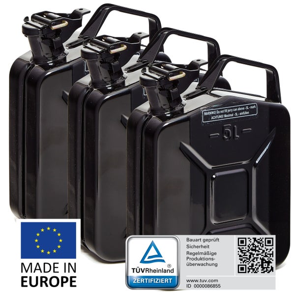 BW® Kraftstoffkanister Metall Benzinkanister 3x 5 Liter - Schwarz - RAL 9005 - TÜV-geprüft und UN-Zulassung - Made in Europe
