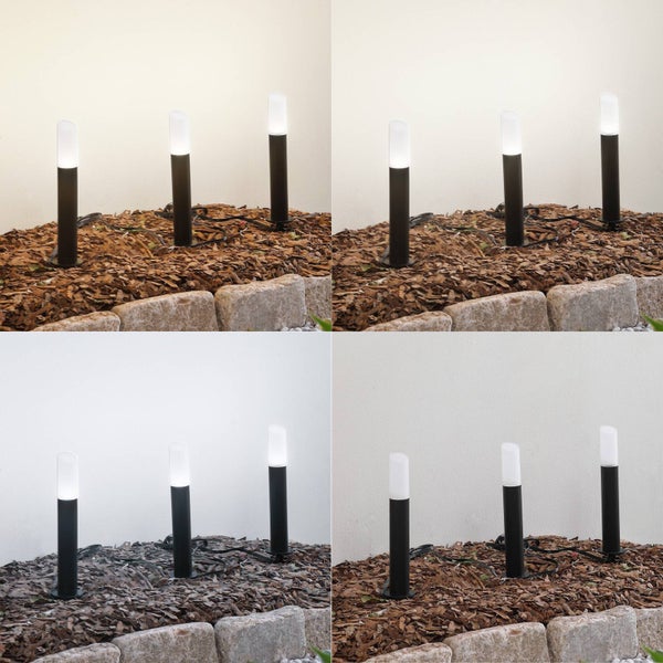 Drei Gartenleuchten mit Erdspieß: Höhe 37,5 Zentimeter, Durchmesser 3,8 Zentimeter, Abstand 200 Zentimeter, Zuleitung 500 Zentimeter.