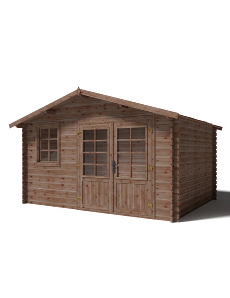 Gartenhaus aus Holz mit Doppeltür und einem Fenster in klassischer Blockbohlenbauweise für den Garten.