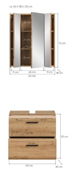 Badezimmermöbel Set bestehend aus Spiegelschrank und Waschbeckenunterschrank in Eiche-Optik mit detaillierten Maßen in Zentimeter.