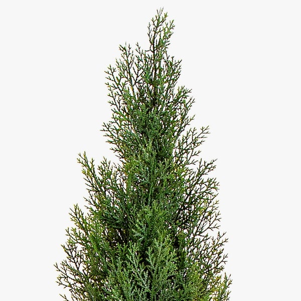 Künstliche Palme im schwarzen Topf mit grünen Wedeln und mehreren Stämmen.