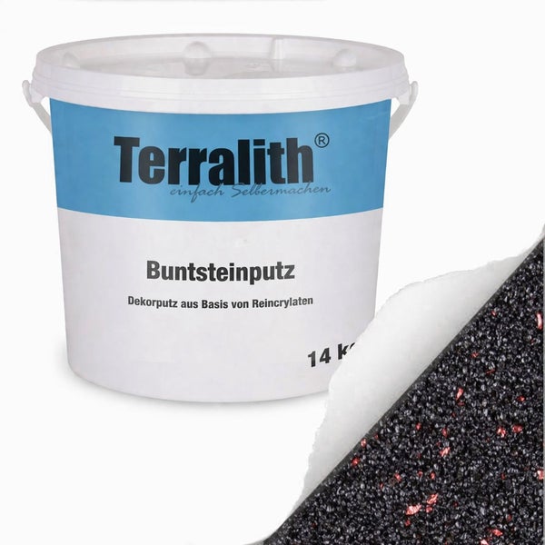Terralith Buntsteinputz im 14 Kilogramm Eimer mit einer Detailansicht der schwarzen Putzstruktur mit roten Akzenten.