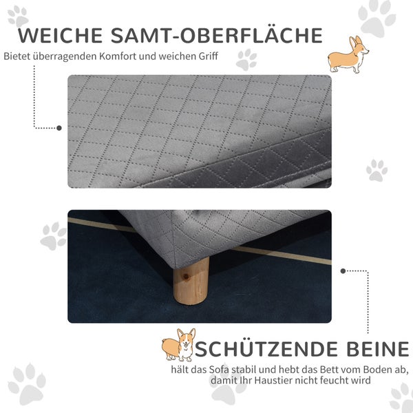 PawHut Hundesofa mit Holzbeinen Hundebett Haustiersofa Hundematte für kleine Hunde bis zu 8 kg Samt-Touch Grau 64 x 45 x 36 cm