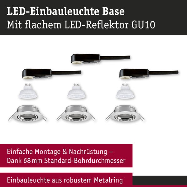 Set aus drei LED-Einbauleuchten Base mit flachen GU10 Reflektoren, Anschlussboxen und Metallringen für 68 Millimeter Bohrdurchmesser.