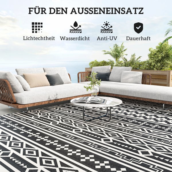 Outsunny Outdoor Teppich robuster Wetterfest Outdoorteppich, faltbar Carpet mit Boho-Style, Outdoor-Teppich für Wohnzimmer Balkon Garten Terrasse Bad Flur Küche, 548 x 274 cm Schwarz+Weiß