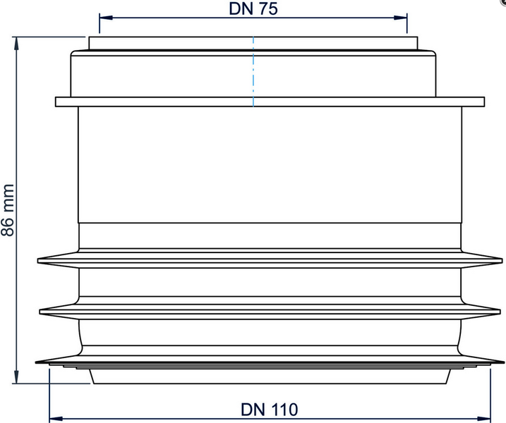 Technische Zeichnung eines Rohradapters mit DN 75 oben, DN 110 unten und einer Gesamthöhe von 86 Millimeter.