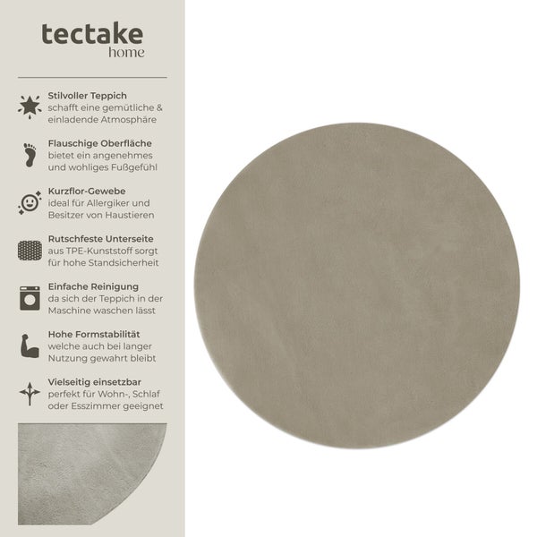tectake home Logo. Runder Kurzflorteppich, rutschfest, maschinenwaschbar, formstabil und für Allergiker geeignet.