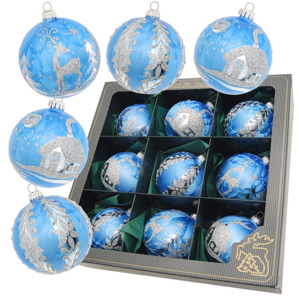 Eislack Blau 8cm Glaskugelsortiment 9-teilig, mundgeblasen und aufwendig handdekoriert, 9 Stck., Weihnachtsbaumkugeln, Christbaumschmuck, Weihnachtsbaumanhänger