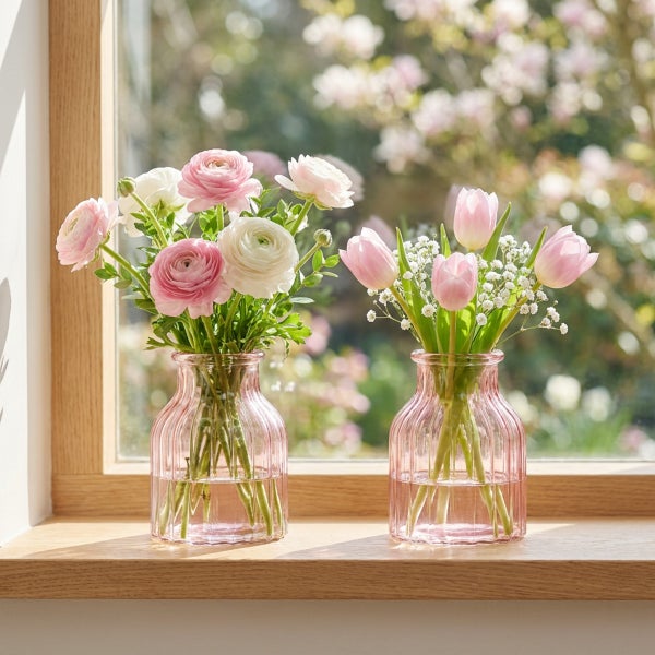 Zwei gerippte Glasvasen mit Frühlingsblumen wie Ranunkeln und Tulpen auf einer Holzfensterbank vor einem sonnigen Fenster.