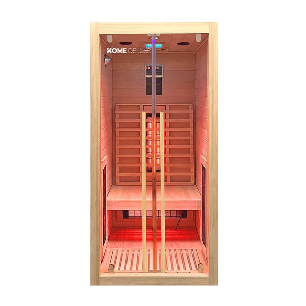 Infrarotkabine von Home Deluxe mit Holzverkleidung und Glastür für eine Person.