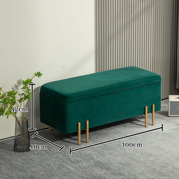 HOMCOM Sitzbank mit Stauraum Polsterbank mit Samtoptik, Sitztruhe mit Metallbeine, Truhenbank für Wohnzimmer Schlafzimmer Flur 100 x 40 x 42 cm, Grün
