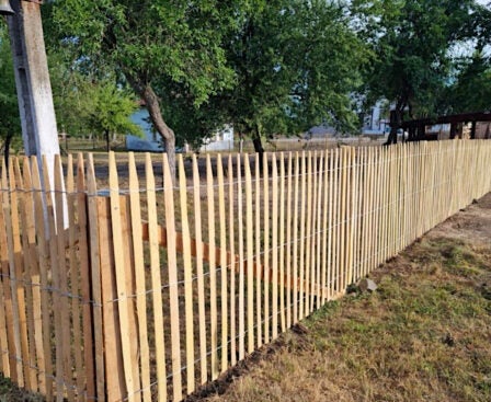 Holzzaun mit spitzen Latten im Garten.