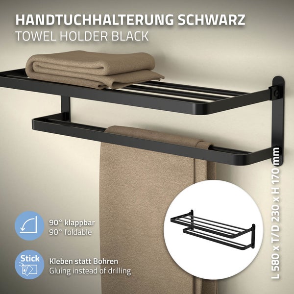 ML-Design Handtuchhalter ohne Bohren, 58 cm Handtuchstange selbstklebend, Schwarz, Aluminium, Handtuchregal zur Wandmontage für Badezimmer, 90°Klappbar, Doppelte Handtuchablage, Badetuchhalter faltbar