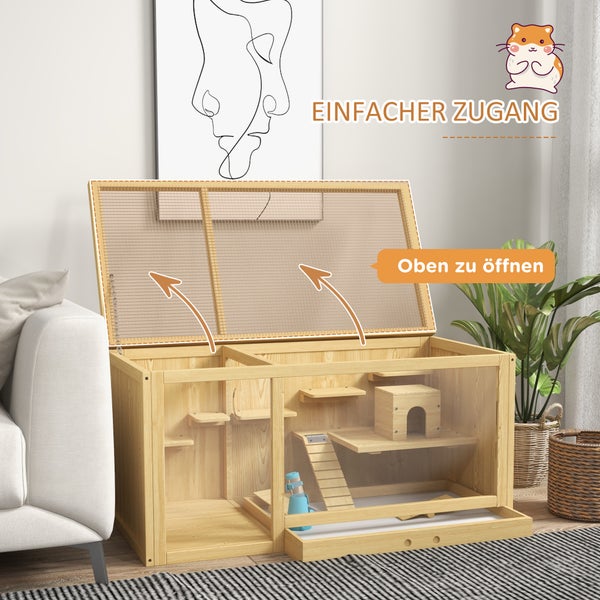 PawHut Hamsterkäfig aus Holz, 100 cm Kleintierstall, Kleintierkäfig Spielhaus für Gerbils Nagerkäfig mit Schaukeln, Leitern, zu öffnendes Dach, Hütte, Natur