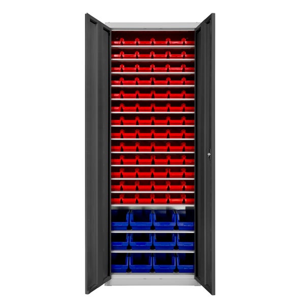 PROREGAL Flügeltürenschrank Owl mit 15 Fachböden + 90 Sichtlagerkästen | HxBxT 195x71x30cm | Lichtgrau/Anthrazitgrau | Spind, Kleinteillager