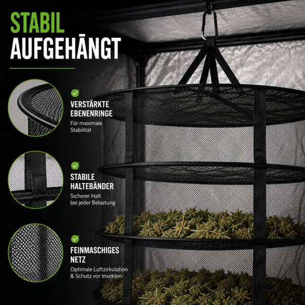 Mehrstöckiges Trocknungsnetz zum Aufhängen für Pflanzen, aus feinmaschigem Netz mit verstärkten Ringen und stabilen Haltebändern.