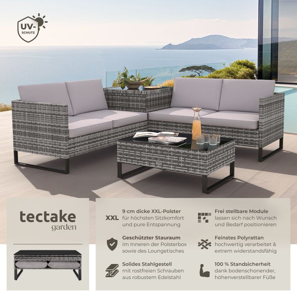 Graue Gartenlounge aus Polyrattan mit Tisch und UV-Schutz Zeichen für Sonnenschutz