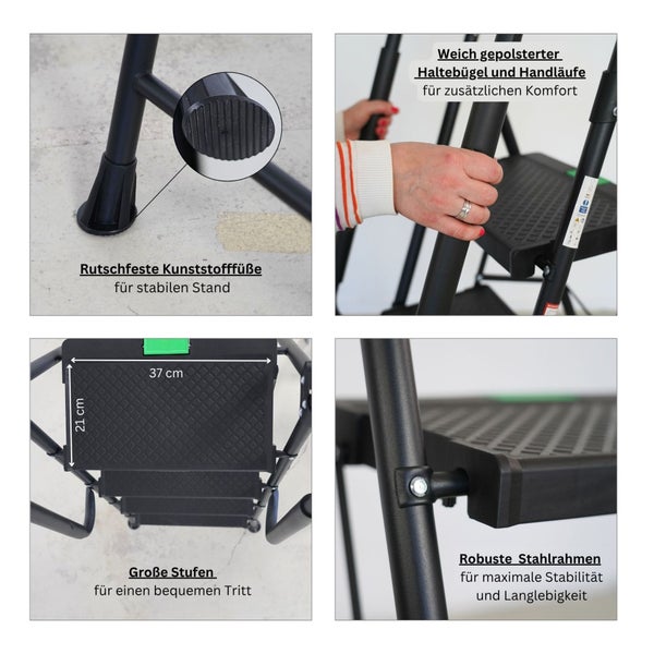 Detailansichten einer Trittleiter mit breiten Stufen, rutschfesten Füßen, Stahlrahmen und gepolsterten Haltebügeln.