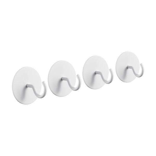 Set aus vier selbstklebenden Haken mit runder Basis zur Wandbefestigung für Handtücher oder Kleidung.