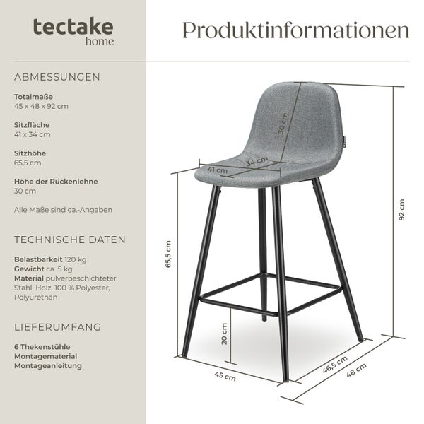 Thekenstuhl tectake Willow 45 x 48 x 92 cm, Belastbarkeit 120 kg robuster Webstoff, gepolstert dunkelgrau/schwarz