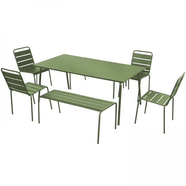 Gartenmöbel-Set aus Metall mit einem rechteckigen Tisch, vier Stühlen in Latten-Optik und einer Sitzbank.