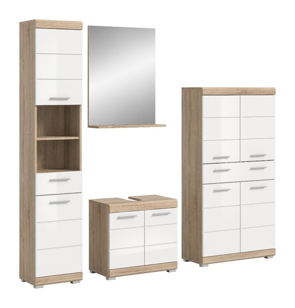 Badezimmermöbel-Set bestehend aus Hochschrank, Waschbeckenunterschrank, Spiegel mit Ablage und Beischrank in Eichenoptik und Weiß.