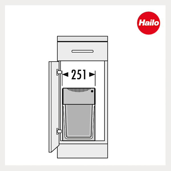 Schematische Darstellung eines Spülenschranks mit benötigtem Einbaumaß von maximal 482 Millimeter Breite und 400 Millimeter Höhe. Hailo Logo.