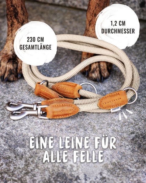 Hundeleine aus Seil mit Lederdetails und Karabinerhaken, 230 cm lang und 1,2 cm Durchmesser