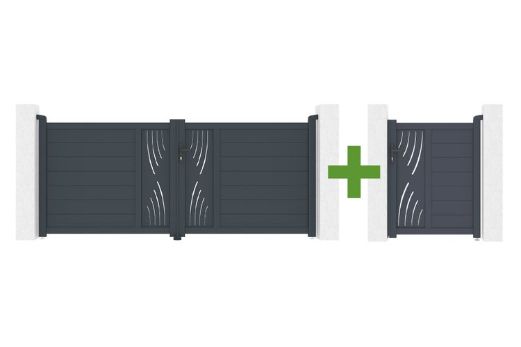 Set bestehend aus einem zweiflügeligen Einfahrtstor und einem einflügeligen Gartentor aus Aluminium mit dekorativen Aussparungen.
