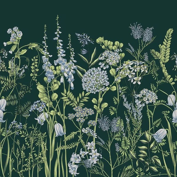 Vliestapete mit botanischem Muster aus verschiedenen Wildblumen und Pflanzen wie Glockenblumen und Farnen in illustriertem Stil.
