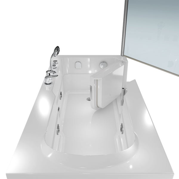 Barrierefreie Badewanne mit Einstiegstür, integriertem Sitz, Massagedüsen, Armatur, Handbrause und klappbarer Glasduschwand.