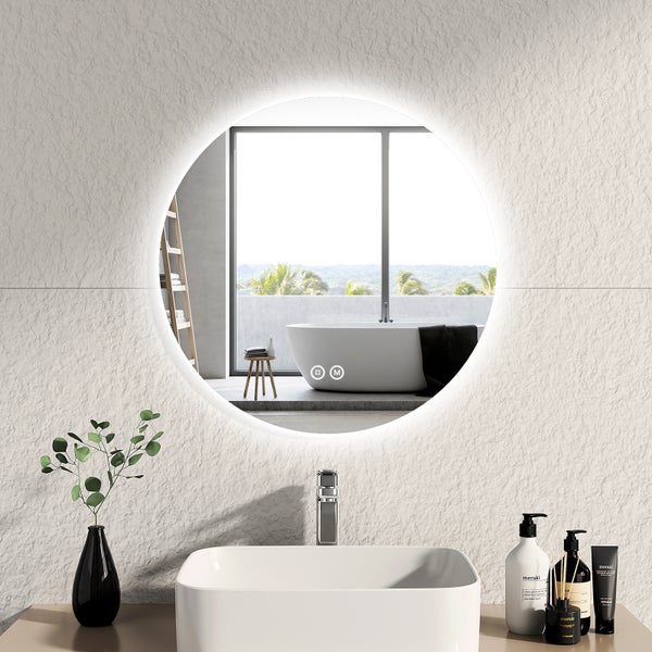 EMKE Badspiegel mit Beleuchtung LED-Spiegel mit Touchschalter,  rund, 3 dimmbare Lichtfarben, ф60cm