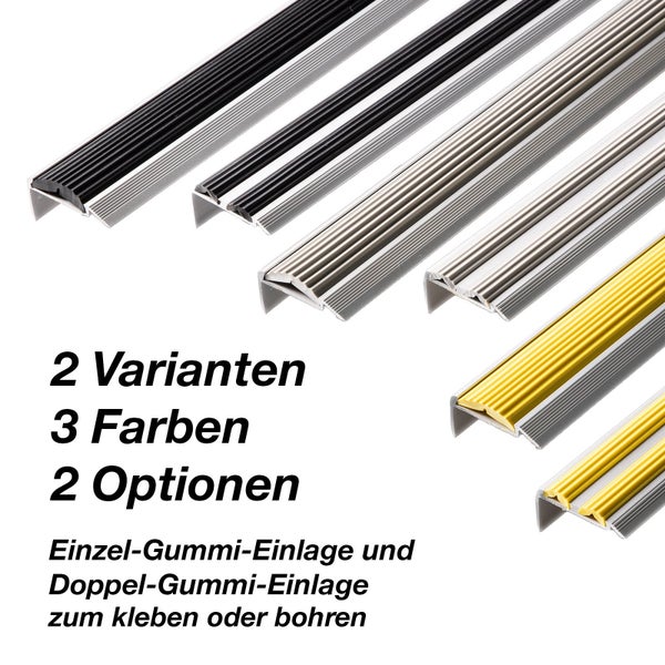 FLOORDIREKT Treppenkantenprofil - Power Grip - Doppel-Gummieinlage - Vorgebohrt - 100 cm - Grau