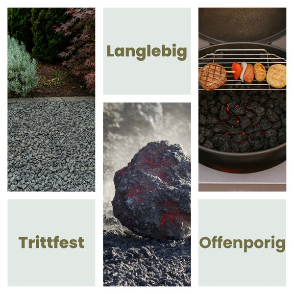 Collage mit Gartengestaltung, Grillgut und Lavasteinen