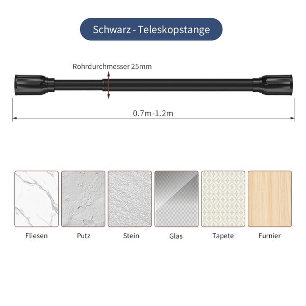 Teleskopstange, verstellbar von 0,7 Meter bis 1,2 Meter, Rohrdurchmesser 25 Millimeter, geeignet für verschiedene Oberflächen wie Fliesen und Glas.