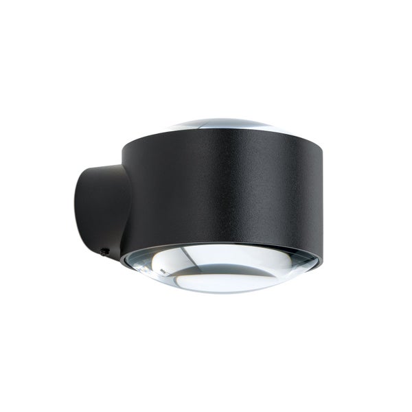 Moderne Wandleuchte aus schwarzem Metall mit Glaslinsen für die Beleuchtung nach oben und unten.