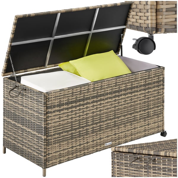 Auflagenbox tectake Kuusamo 117 x 54 x 64 cm mit Aluminiumgestell und Rattangeflecht natur
