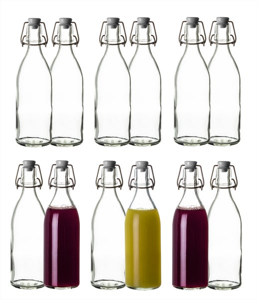 Set aus zwölf Bügelverschlussflaschen aus klarem Glas zur Aufbewahrung von Säften und Getränken.