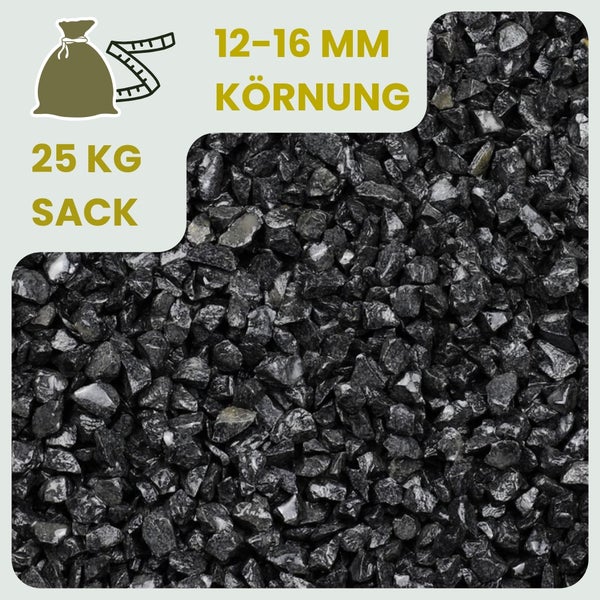 Schwarzer Zierkies, 12 bis 16 Millimeter Korngröße, 25 Kilogramm Sack