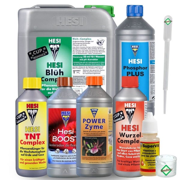 HESI Set: Blüh-Complex, TNT Complex, Phosphor Plus, Wurzel Complex, Power Zyme, Boost, SuperVit, Pipette, HESI Logo und Weedness Logo.