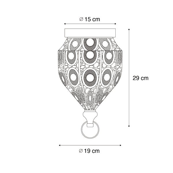 Skizze einer dekorativen Lampe mit den Maßen 15 cm Durchmesser oben, 19 cm Durchmesser unten und 29 cm Höhe