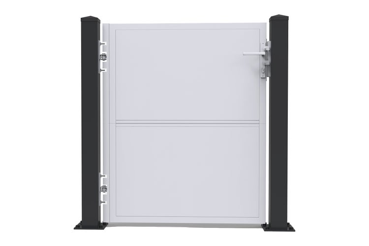 Einflügeliges Gartentor aus Aluminium mit zwei Paneelen zwischen zwei Pfosten inklusive Drückergarnitur und Scharnieren.