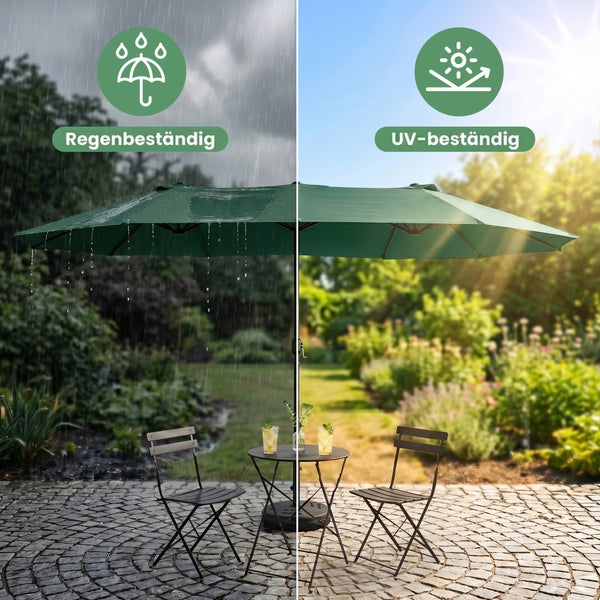 Großer Gartenschirm über Sitzgruppe auf einer Terrasse, regenbeständig und UV-beständig.