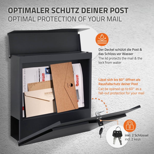 ML-Design Briefkasten Anthrazit Edelstahl pulverbeschichtet, 37x37 cm, Postkasten mit Zeitungsfach, Abschließbar 2 Schlüssel, Moderner Design Wandbriefkasten mit Zeitungsrolle, Mailbox für Wandmontage