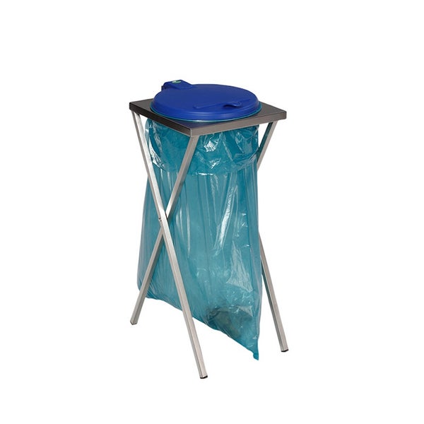 Müllsackständer mit silberfarbenem X-Gestell aus Metall und blauem Kunststoffdeckel inklusive eingehängtem Müllsack.