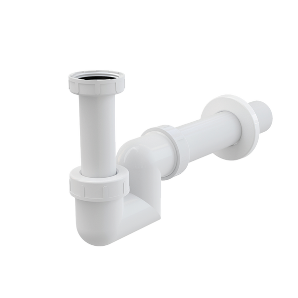 Geruchverschluss aus Kunststoff fuer Waschbecken als Siphon mit Ablaufrohr und Wandrosette